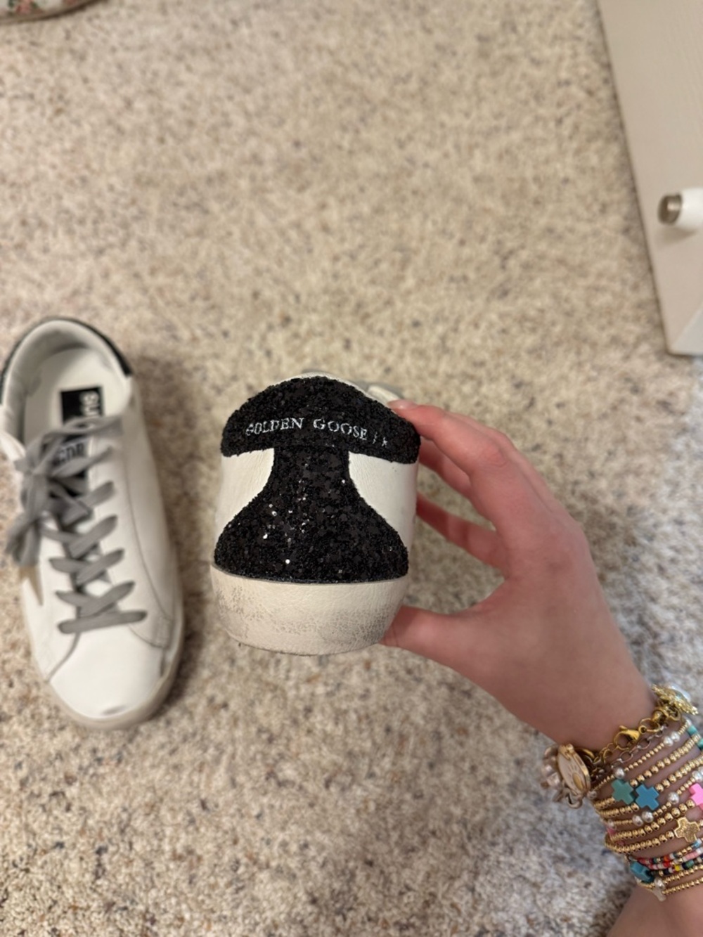 Golden Goose White Sneakers with Gray Laces and Black Sequin Heel - Picture 2 of 5